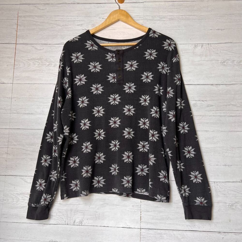 Hearth & Hand Top Womens SZ Medium Gray Fair Isle Long Sleeve 1/4 Button Casual